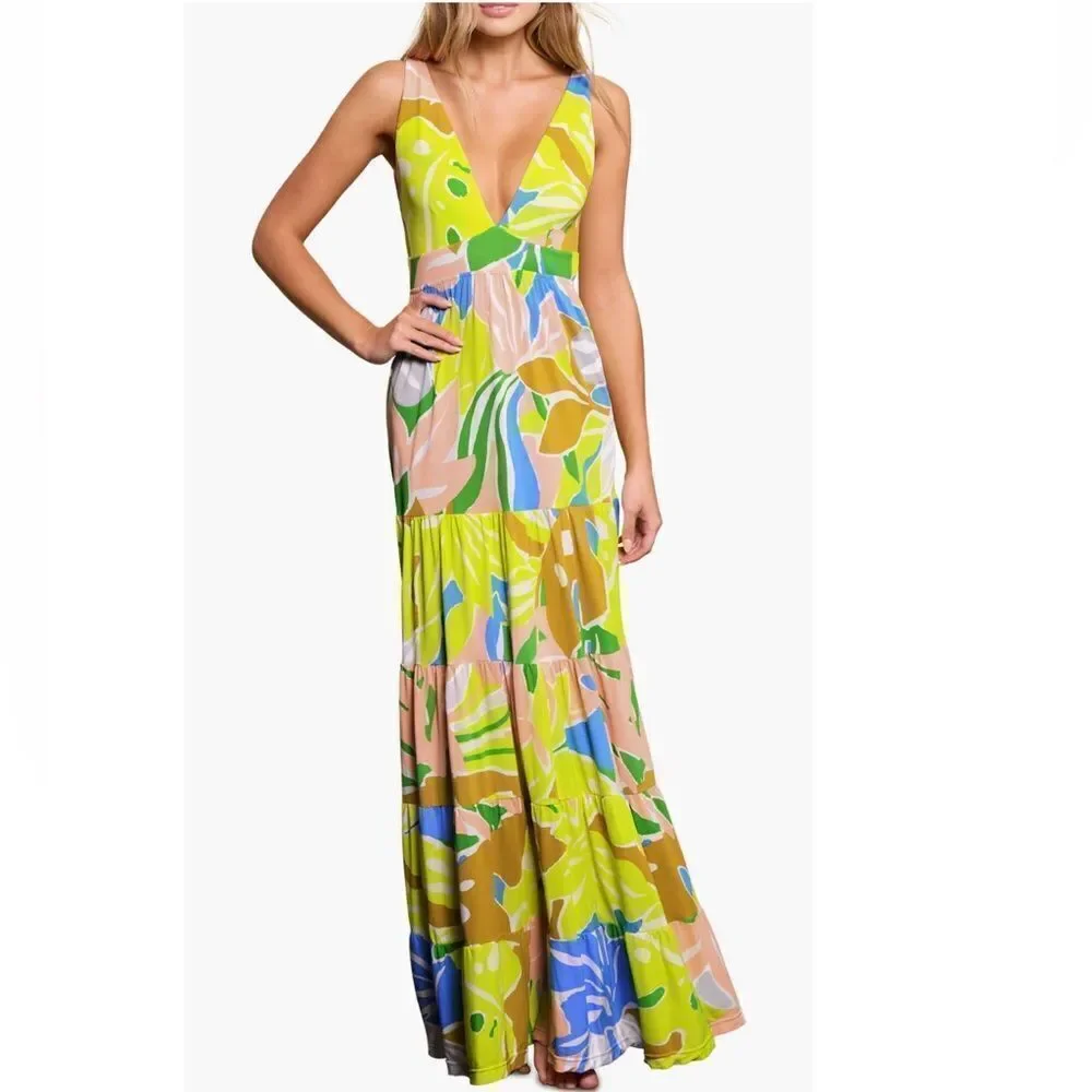 Maaji Selvatik Marea Knit Cover-Up Maxi Dress, Yellow/Blue‎ Size Small 2/4, NWT